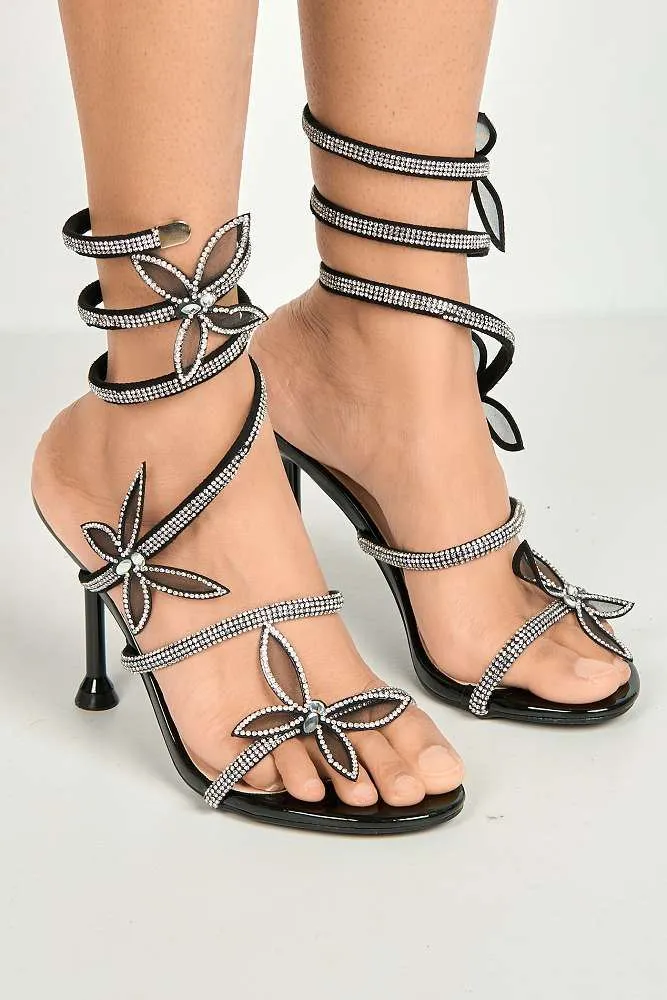 Toki Butterfly Detail Diamante Heeled Sandals in Black