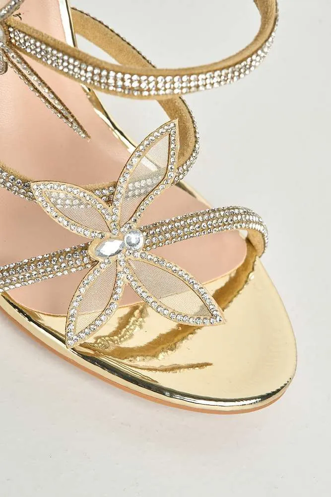 Toki Butterfly Detail Diamante Heeled Sandals in Gold