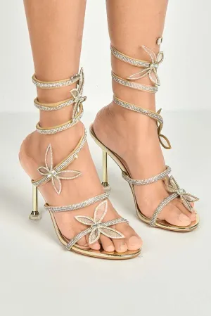 Toki Butterfly Detail Diamante Heeled Sandals in Gold