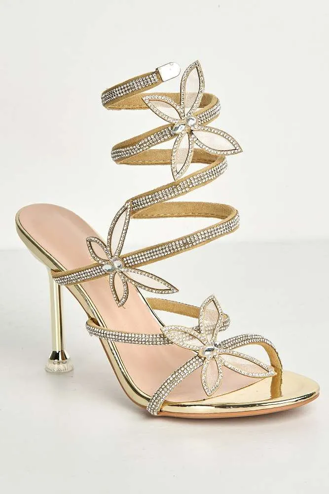 Toki Butterfly Detail Diamante Heeled Sandals in Gold