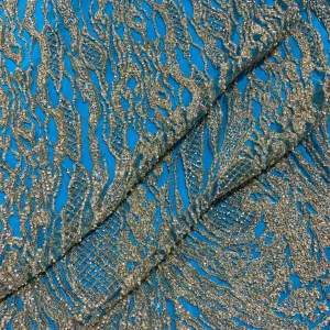 Turquoise and Green with Gold Abstract Embroidered Tulle Fabric