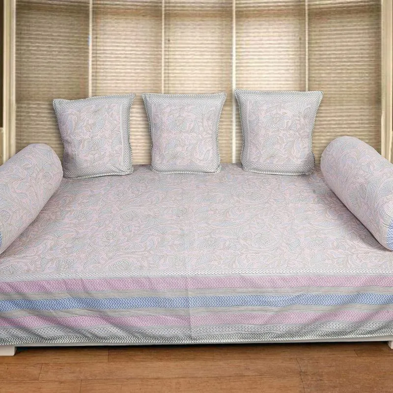 Viya Flora Diwan Set (Light Pink & Blue) - Six Piece Set