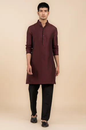 Wine Kurta With Contract Edging on Band Collar