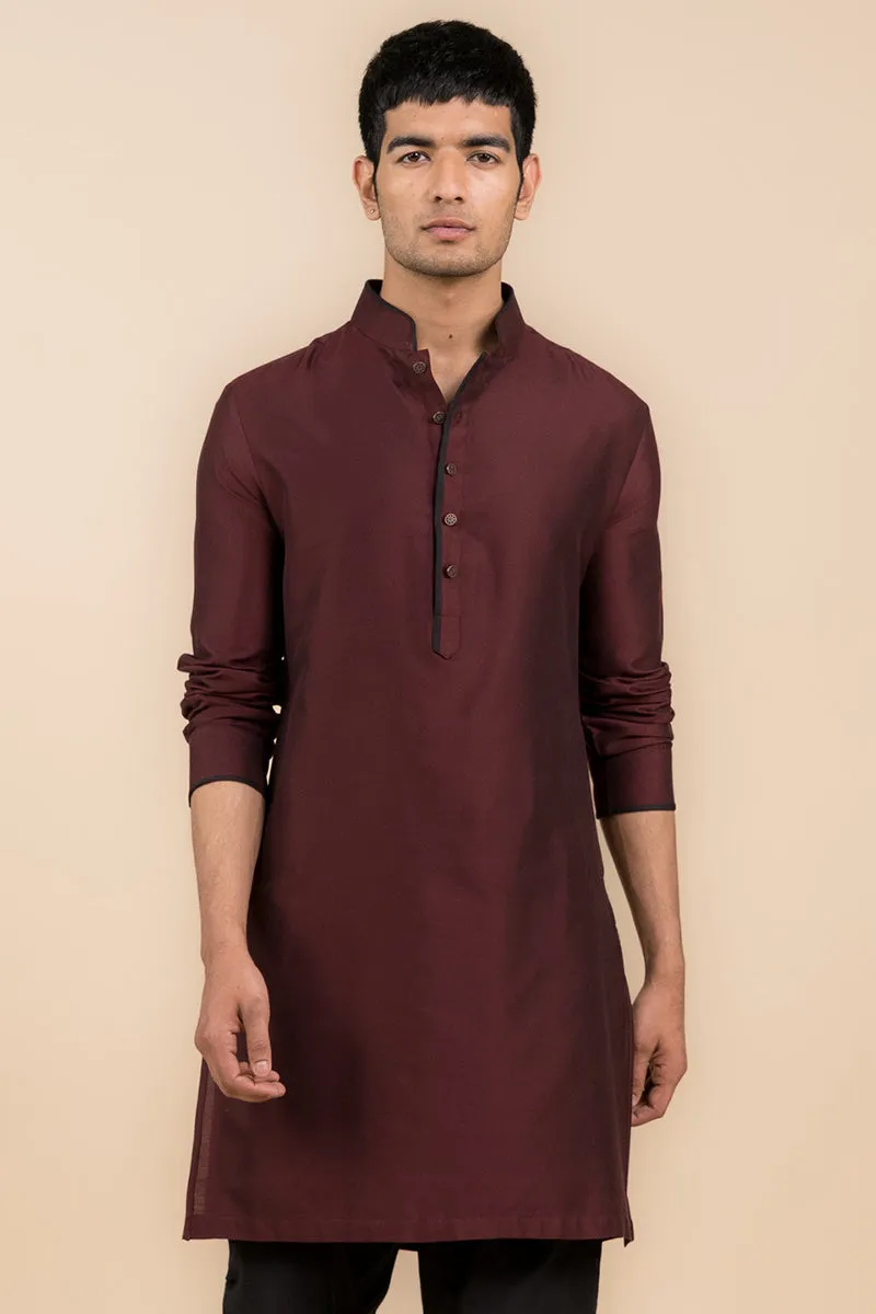 Wine Kurta With Contract Edging on Band Collar
