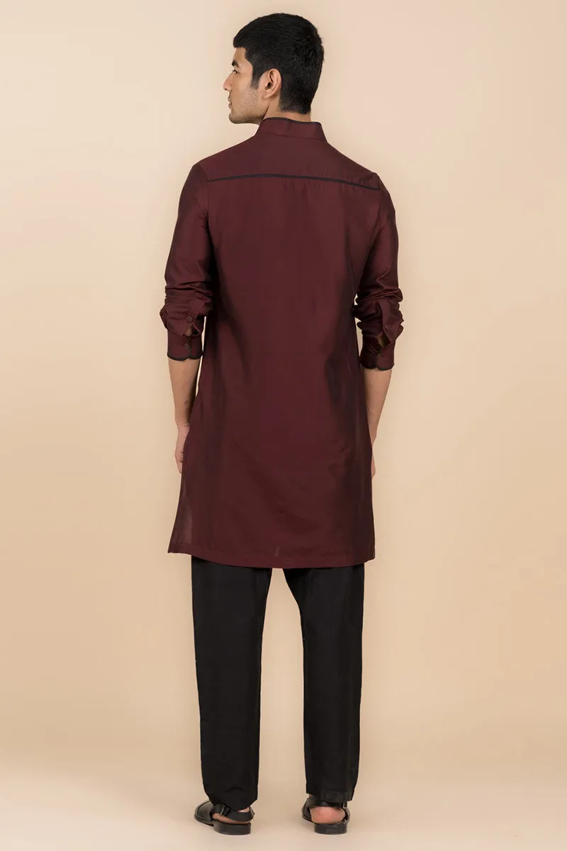 Wine Kurta With Contract Edging on Band Collar