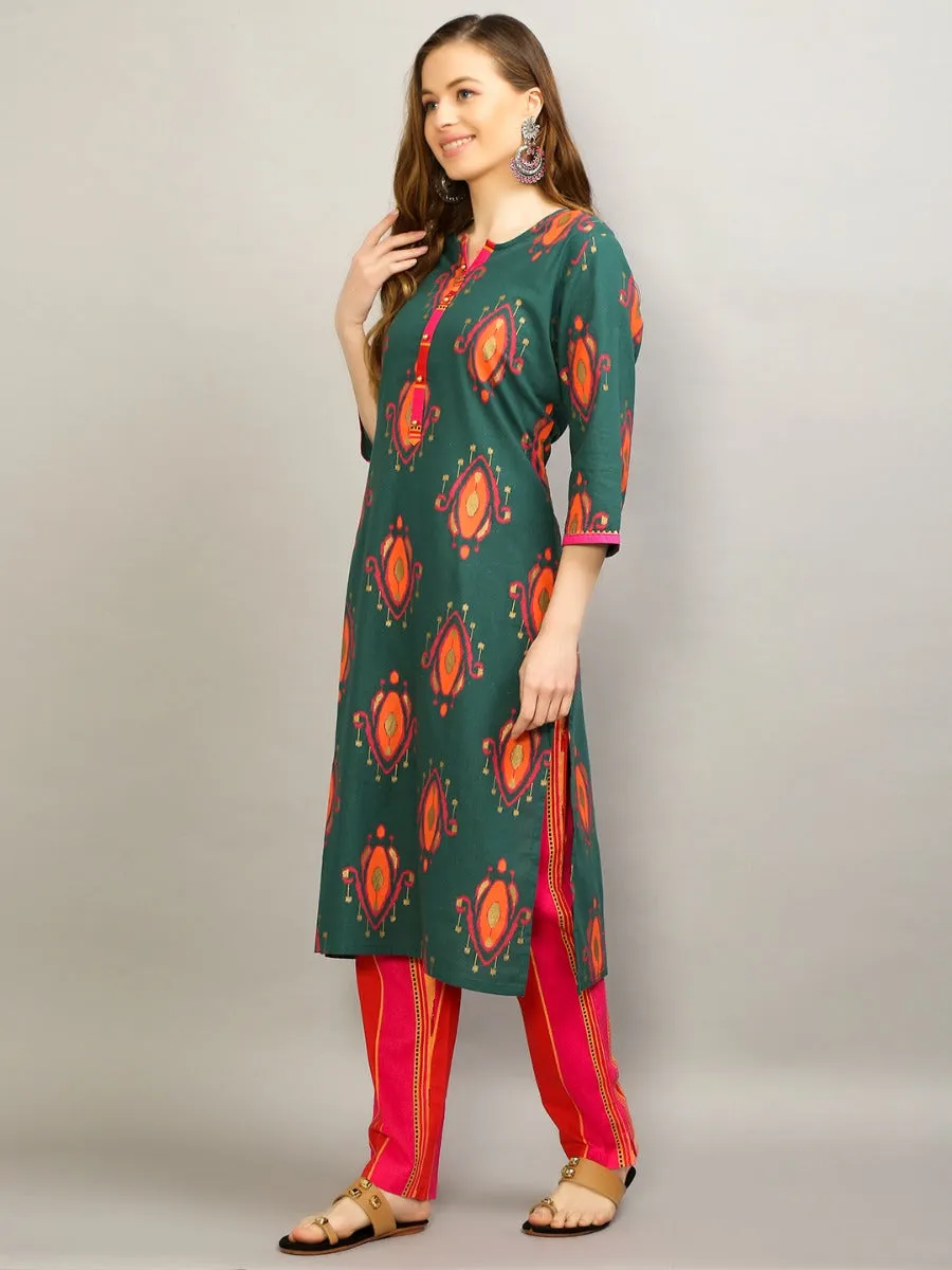 Women Green Geometric Printed Kurta With Trouser