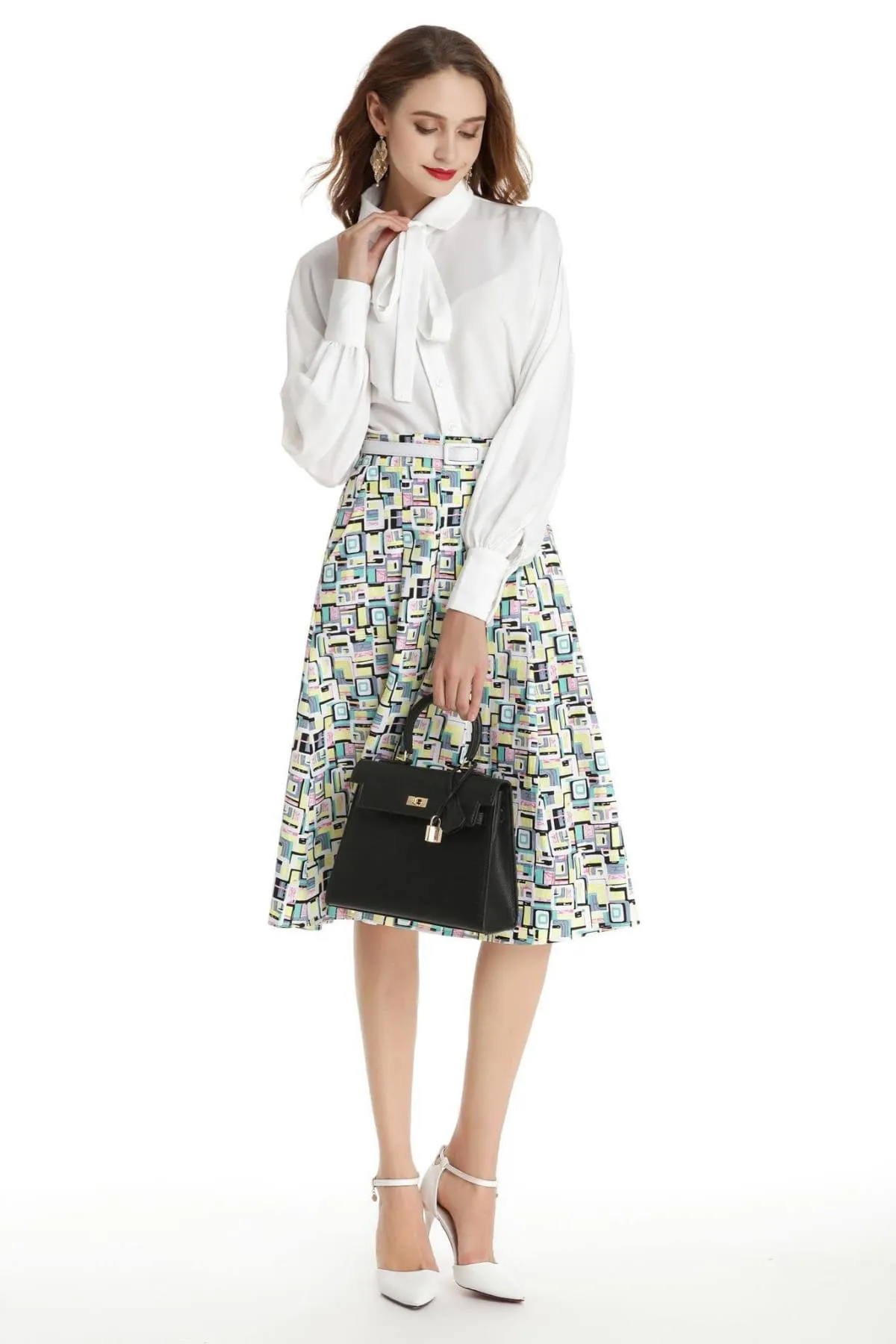 Yellow Mint Pink Abstract Pattern A Line Skirt