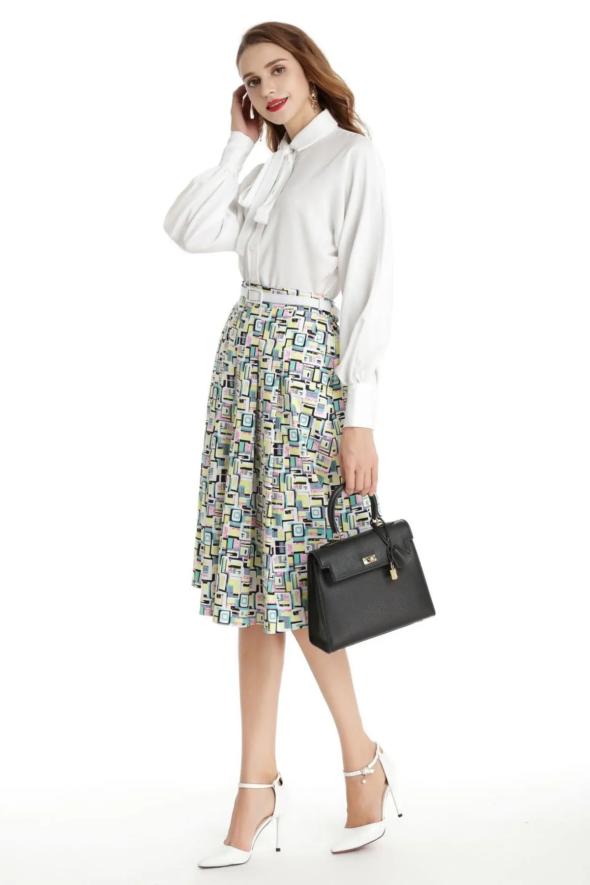 Yellow Mint Pink Abstract Pattern A Line Skirt