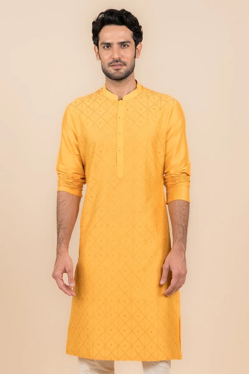 Yellow Ochre All Over Jaal Embroidered Kurta Set
