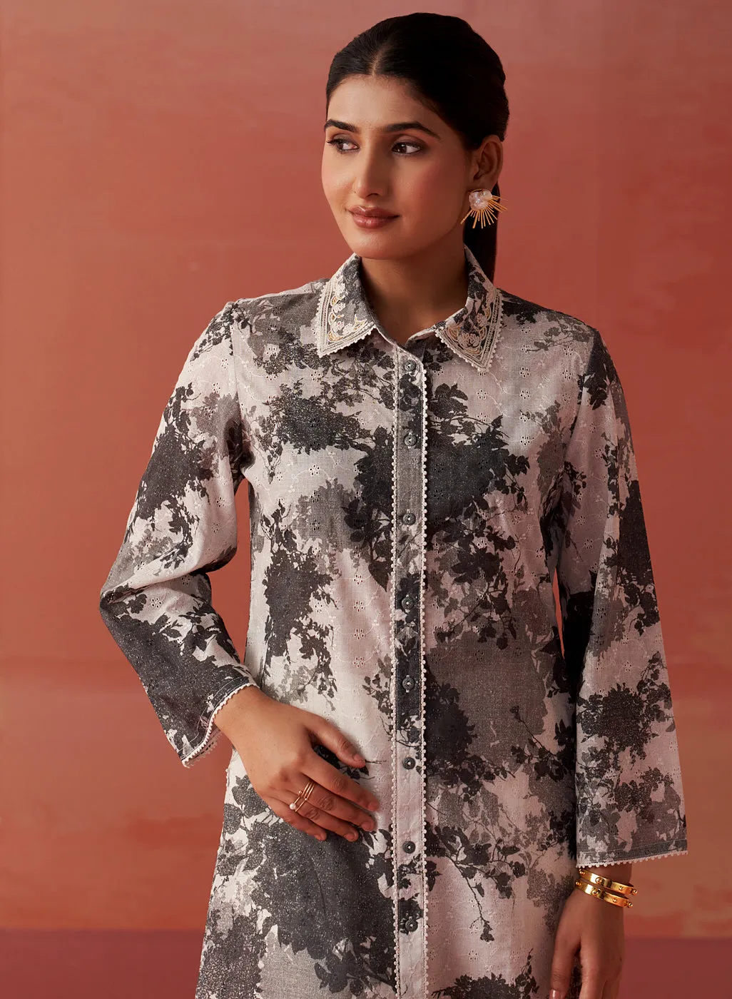 Zareena Grey Printed Schiffli Cotton Shirt