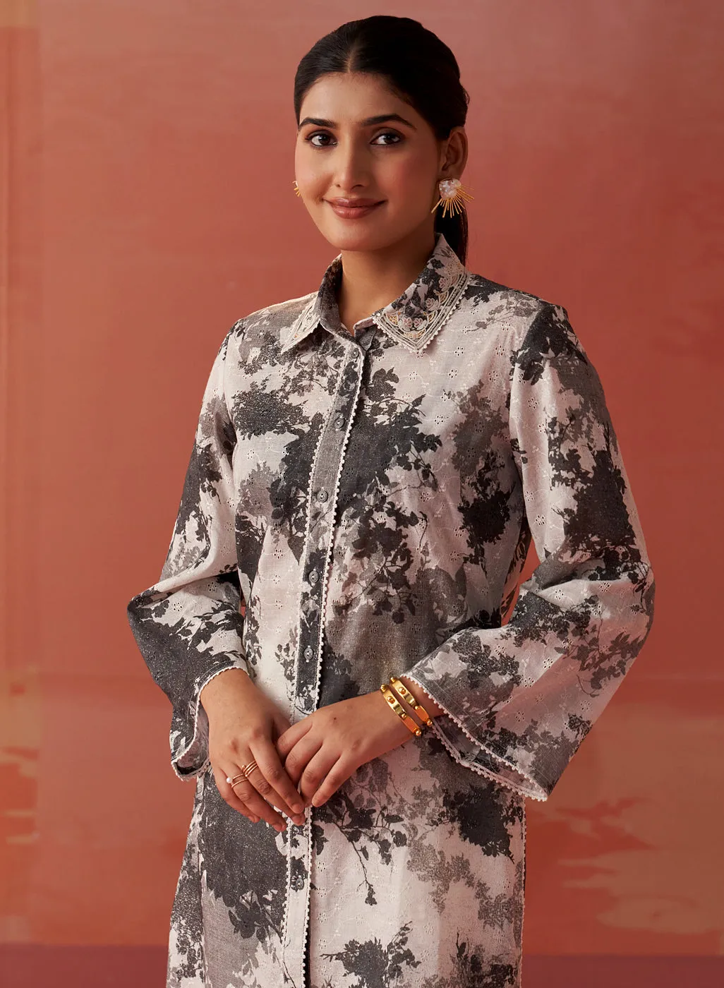 Zareena Grey Printed Schiffli Cotton Shirt